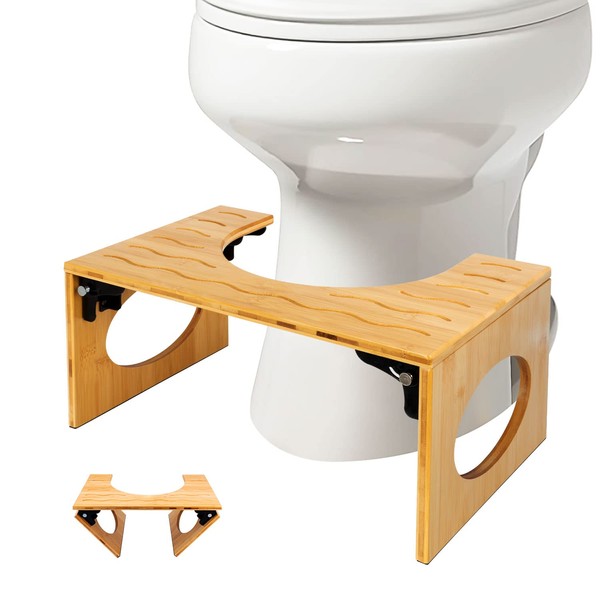 BQYPOWER Toilet Stool, Bamboo 8 Inch Toilet Potty Stool, Foldable Bathroom Poop Stool with Non-Slip Mat for Adults Children