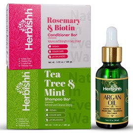 Herbishh Clarifying & Moisturizing Hair Care Set – Tea Tree Shampoo Bar + Rosemary Conditioner Bar + Argan Oil 30ml – For Oily, Itchy Scalp & Thin Hair – Strengthen, Hydrate & Shine – Sulfate-Free