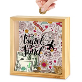 QYINXIU Large Piggy Banks for Children, 8INCH Coin Bank Money Bank, Wood Money Box, Travel Fund Printed On The Plexiglass Front, Decorative Shadow Box Wooden Frame (Large Travel)