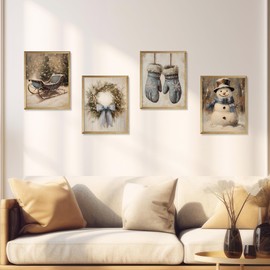 Christmas Blue Wall Decor, Vintage Christmas Snowman Wreath Xmas Wall Art Prints Set of 4, Vintage Christmas Decor, Farmhouse Christmas Decor, Christmas Wall Decor for Home, 12x16 Inches Unframed