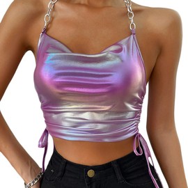 Women's Metallic Holo Halter Chain Neck Cami Tank Top Sleeveless Vest Crop Tops for Rave Music Festival