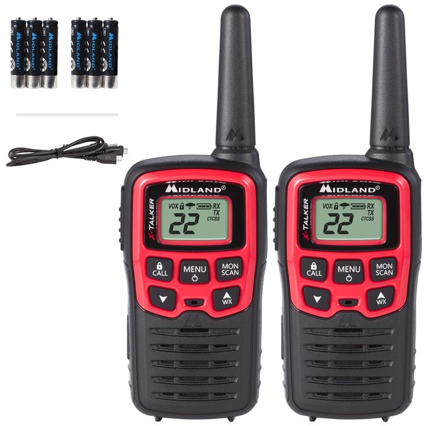 Midland - X-TALKER T31VP, 22 Channel FRS Walkie Talkies - Extended Range Two Way Radios, 38 Privacy Codes, & NOAA Weather Alert (Pair Pack) (Black/Red)