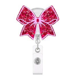 Glitter Pink Bow Badge Reel, Sparkly Decorative Retractable ID Card Holder with Alligator Clip, Cute Rose Badge Clip for Nurse, Student, Teacher, Medical Assistant, Office Worker