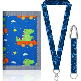 SUNDEE Kids Wallet with Lanyard for Boys and Girls, Tri-Fold Wallet with Keyring and Zip Coin Pocket for Gifts, Original Wallet (Dinosaur Car), 11 dinosaur car