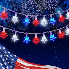 100 LED Red White and Blue Star Lights, 37FT 4th of July Star String Lights Plug in for Home Patio Garden Yard Memorial Day Independence Day Patriotic Decorations Outdoor, White Wire