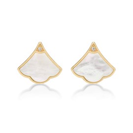925 Sterling Silver Mother of Pearl Fan Stud Earrings with Yellow Gold Plating Friction Back by Lavari Jewelers