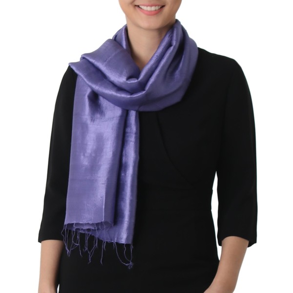 NOVICA Artisan Handmade Silk Scarf Woven Fringed Blueviolet from Thailand