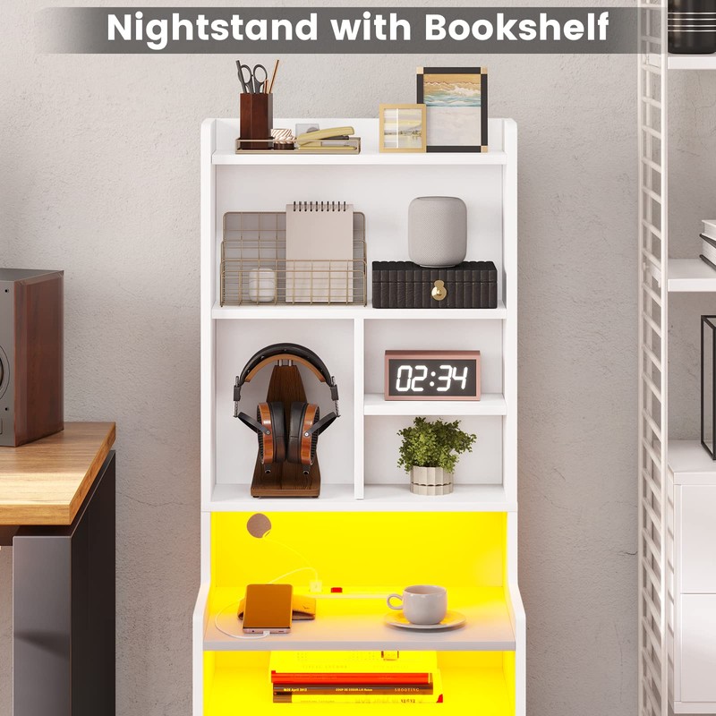 BTHFST Tall Nightstand with Charging Station and LED Lights, White