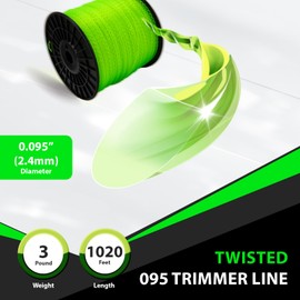 095 Trimmer Line Heavy Duty, Twisted Weed Eater String .095, 095 String Trimmer Line, 0.095In-1020Ft-3Lb Twisted Weed Wacker String .095 Compatible with Ryobi, Ego, Greenworks String Trimmers and More