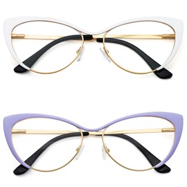 KoKoBin Cat Eye Reading Glasses - 2 Pairs Metal Frame Glasses Spring Hinge Readers with Leather Pouch for Men and Women, Purple+White 1.75