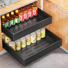 Pull out Cabinet Organizer, 21"Deep, 20"Wide Full-Extension Heavy Duty Slide out Drawers with Nano Adhesive, Roll Out Shelves Sliding Cabinet for Kitchen, Bathroom, Pantry, Under Sink Storage(Black)