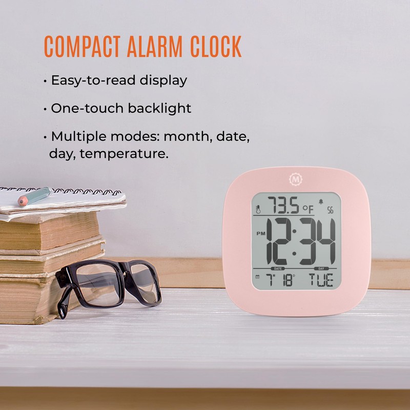 MARATHON Compact Alarm Clock with Temperature & Date, Pink -