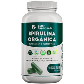 BULK SUPERFOODS | Espirulina Orgánica 100% Natural | 180 Cápsulas – 500 mg c/u – Sin Gluten | Suplemento Alimenticio a Base de Alga Spirulina | Multivitaminico Hombre y Mujer