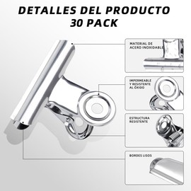 30 Clips para Cerrar Bolsas de Comida, Clips de Bolsa de Acero Inoxidable de 7.5 cm, Clips para Bolsas de Alimentos Duradero, Clips de Metal Reutilizables para Hogar, Cocina y Oficina (Ronda)