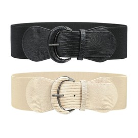 JASGOOD 2 Pack Wide Waist Belt for Women, Vintage Cinch Belt with Hook Buckle Elastic Waist Belt for Dress Coat,Black+Beige,S
