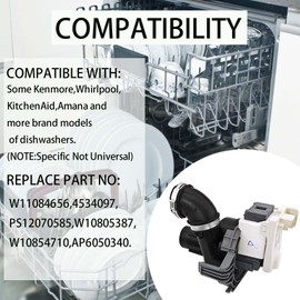 W11084656 Dishwasher Circulation Pump & Motor Assembly Compatible with Kenmore, Whirlpool, KitchenAid, Amana, Replacement Part: 4534097, PS12070585, W10805387, W10854710, AP6050340