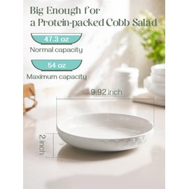 DOWAN 10'' Pasta Bowls Set of 4, 54 oz Textured Motif Large Salad Serving Bowls, Ceramic Plates, White Soup Bowl for Kitchen Meal Prep, Shallow Dishes Dinner Bowl Microwave Tableware