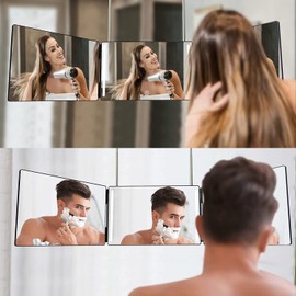 HIEEY 3 Way Mirror for Hair Cutting with LED,360 Trifold with Height Adjustable Telescoping Hooks,and 5X Magnification,for Makeup and Styling (Black)