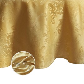 Elrene Home Fashions Poinsettia Elegance Jacquard Christmas/Holiday Waterproof Stain Resistant Dining Tablecloth, 60"X84" Oval, Gold