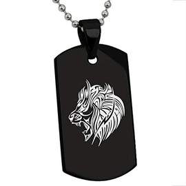 Black Stainless Steel Tribal Lion Dog Tag Pendant Necklace