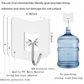 nabreeli Adhesive Hooks for Hanging 24 Pack, 33 lbs Heavy Duty Wall Hooks 304 Stainless Steel Self Adhesive Towel Hook Waterproof Transparent Sticky Hooks for Kitchen Glass Door (24)