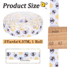 CABODYALS 10 Yards 3/8 Inch Bee Print Ribbon White Yellow Thin Spring Printed Ribbon Polyester Bees Pattern Grosgrain Fabric Ribbons Bulk Roll for Sewing Making Crafts Gift Wrapping Party Decor Supply