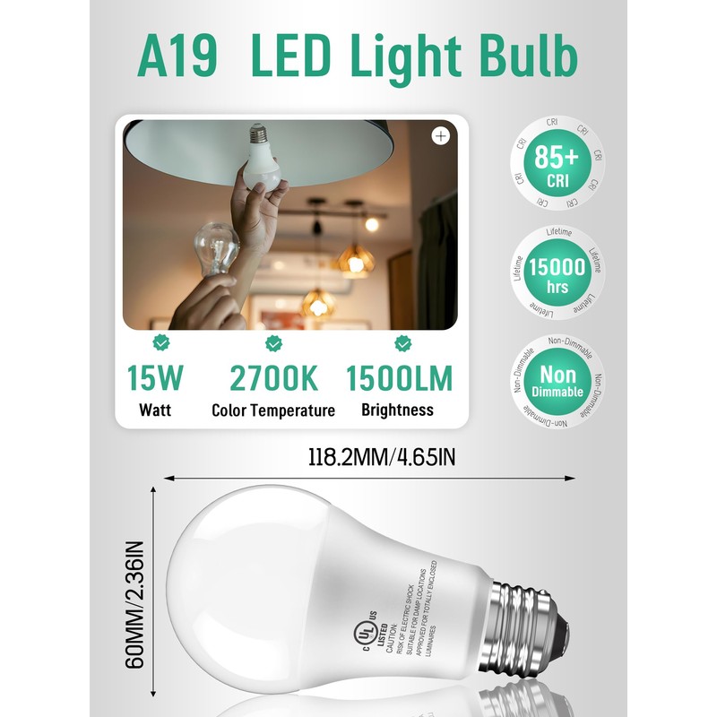 A19 LED Light Bulbs, 100 Watt Equivalent, 15W Daylight White