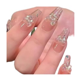 Clear Acrylic Press-On Nails with Holographic Glitter, Long Coffin Shape, 24 Pieces