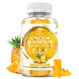 Calcium Magnesium Zinc Gummies with Vitamin D3, Sugar Free Calcium Gummies for Women Men, High Potency Magnesium Gummies for Bone & Muscle & Immune Health, Pineapple Flavor - 60 Count