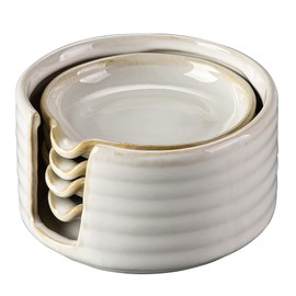 Soporte para cucharas de cerámica, soporte para cucharas, platos de salsa de soja con soporte para cocina, juego de platos de salsa para el hogar, platos de guarnición, básicos de cocina LIUCUON, juego de 4 accesorios de cocina para utensilios (crema)