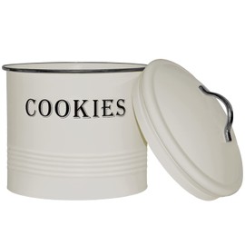 Blue Donuts Vintage Cookie Jar - Airtight Counter Cookie Container, Ivory Tin with Lid for Gift Giving, Large Capacity