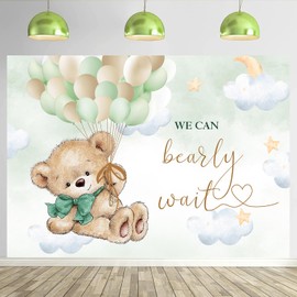 InMemory Bear Baby Shower Backdrop for Boy Girl Watercolor Sage Green Hot Air Balloons Clouds Stars We Can Bearly Wait Sign Banner Neutral Newborn Party Photo Props Decor Background 7x5ft