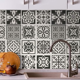 WALPLUS Pack of 24 15 x 15 cm Ethor Dark Grey Mediterranean Grey Cream Wall Tiles Stickers Peel and Stick Backsplash Decals Home Decor Backstand for Kitchen Bathroom Tiles Colour on