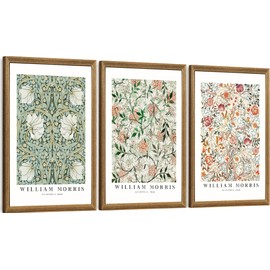 FWAHREN William Morris Framed Canvas Wall Art Set, 3 Piece Vintage Botanical Floral Pattern Pictures Prints Artwork, Large Paintings Wall Decor for Living Room Bedroom Bathroom Office, 16x24in