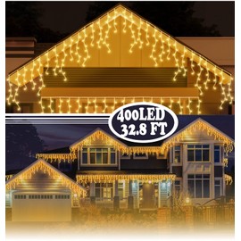 BLOFUN Outdoor Christmas Decorations Lights Indoor Outdoor Yard Icicle Lights,32.8 ft 400 LED Icicle Christmas Lights Outdoor Decorations,8 Modes Curtain String Lights for Wedding Party Holiday