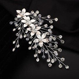 Teyglen Rhinestone Bride Hair Clip Flower Hair Barrettes Bridal Gold Silver Crystal Hairpins Hair Pieces Wedding Hair Accessories for Women Girl (Silver)