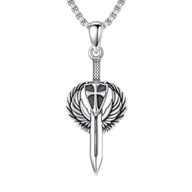 ROMANTICWORK Angel Wing Necklace 925 Sterling Silver Cross Sword Pendant Angel Wing Cross Jewelry for Fathers Day Birthday Christmas Gifts Men Women