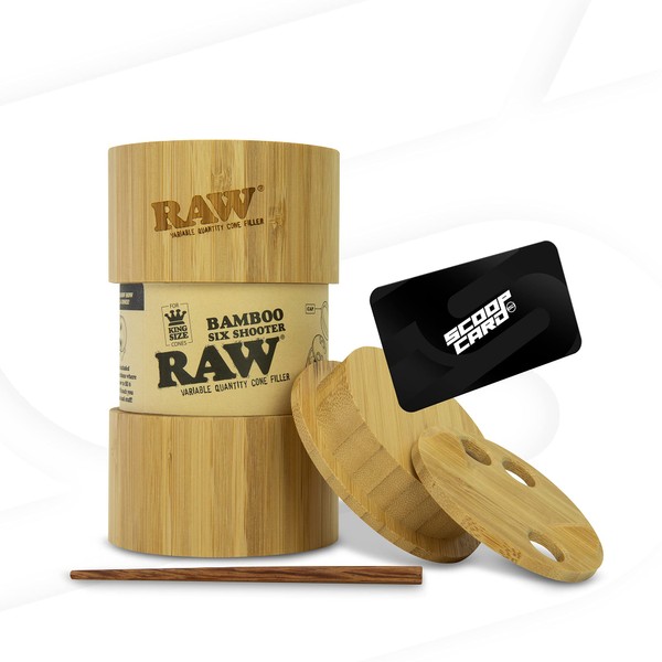 RAW Bamboo Six Shooter for King Sized Cones - Variable Quantity Cone Filling Device - Fills 1,2,3 or 6 Cones at a Time Simultaneously! Simply Load, Shake and Finished