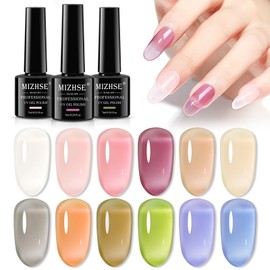 MIZHSE Jelly Gel Polish Nude Translucent 12 Colors, Spring Clear Pink Jelly Gel Nail Polish Set UV/LED Sheer Manicure DIY Nail Art for Home Salon