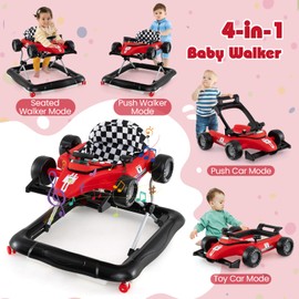HONEY JOY Baby Walker, 4-in-1 Foldable Infant Activity Push Walker, Toddler Car Walker with Adjustable Heights, Music, Lights, Padded Seat, Baby Walker with Wheels for Boys Girls 6-18 Months (Red)