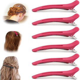 Pinzas Pelo Peluqueria,6 Clips de Pico de Pato de Acero Inoxidable Antideslizantes Profesionales,para Peinar y Seccionar,Estilismo & Coloración del Cabello,para El Cabello Estéticas para Salón y Hogar(Rojo Rosa）