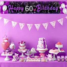Purple 60th Birthday Decorations for Women, Black Purple Silver Happy 60th Birthday Yard Banner Purple 60th Birthday Yard Sign for 60th Birthday Anniversary Party Supplies Indoor Outdoor Decor