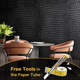 Black Peel and Stick Wallpaper, 15.7" X 395" Crocodile Wallpaper Embossed Easy Peel off Wallpaper Self Adhesive Removable Contact Paper Textured Wallpaper for Cabinet Bedroom with Knife Tape Measure