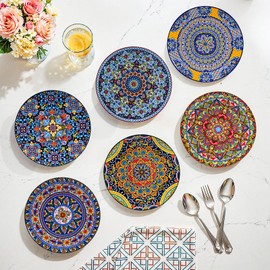 Romatlink 8.5 Inch Ceramic Dinner Plates Set of 6, Bohemian Appetizer Dessert Plates, Microwave Oven Dishwasher Safe, Hand Painted Artisan Design, Gift for Housewarming Thanksgiving