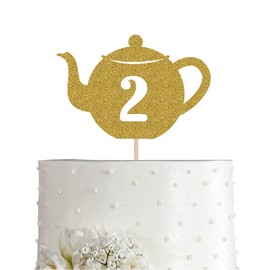 Teapot 2 Cake Topper, Gold Glitter Tea 2nd Birthday Party Decoration, Supply