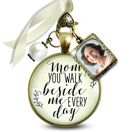 Bouquet Charm Wedding Memory Mom You Walk Beside Me Every Day Vintage Bronze Cream Glass Pendant Jewelry Honor Mother White Bead 1 Frame Loving Keepsake on Bridal Flowers DIY Photo Template