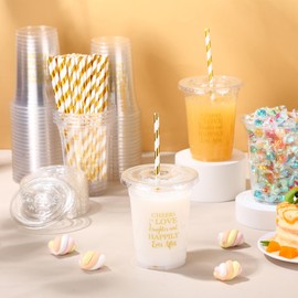 Funnymoom 50 Sets Wedding Plastic Cups with Lid and Straw Cheers to Love 16 oz Disposable Cup Clear Cold Beverage Drinking Glasses Bulk for Wedding Reception Bridal Shower Engagement Party Decoration