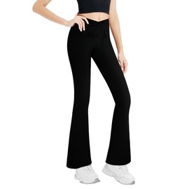 Girls V Cross Yoga Pants Size 8-9 Years Old Solid Black Stretch Durable High Waisted Flare Leggings for Kids Gym Dance