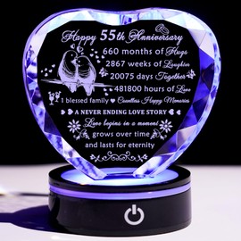 YWHL 55th Wedding Anniversary Crystal Heart Gifts for Couple Parents, Laser Engraved Romantic 55 Year Anniversary Crystal Keepsake Gifts for Wife Husband, 55 Years of Marriage Gifts for Her Him