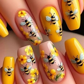 Press on Nails Medium Coffin Fake Nails with Designs Yellow Flower Animal Summer Nails Glue on Nails Glossy Yellow Acrylic Ballet Nails Full Cover False Nails Reusable Stick on Nails for Women 24PCS